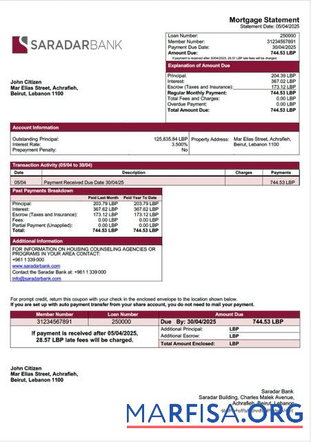 Printable Lebanon Saradar Bank mortgage statement Word and PDF template